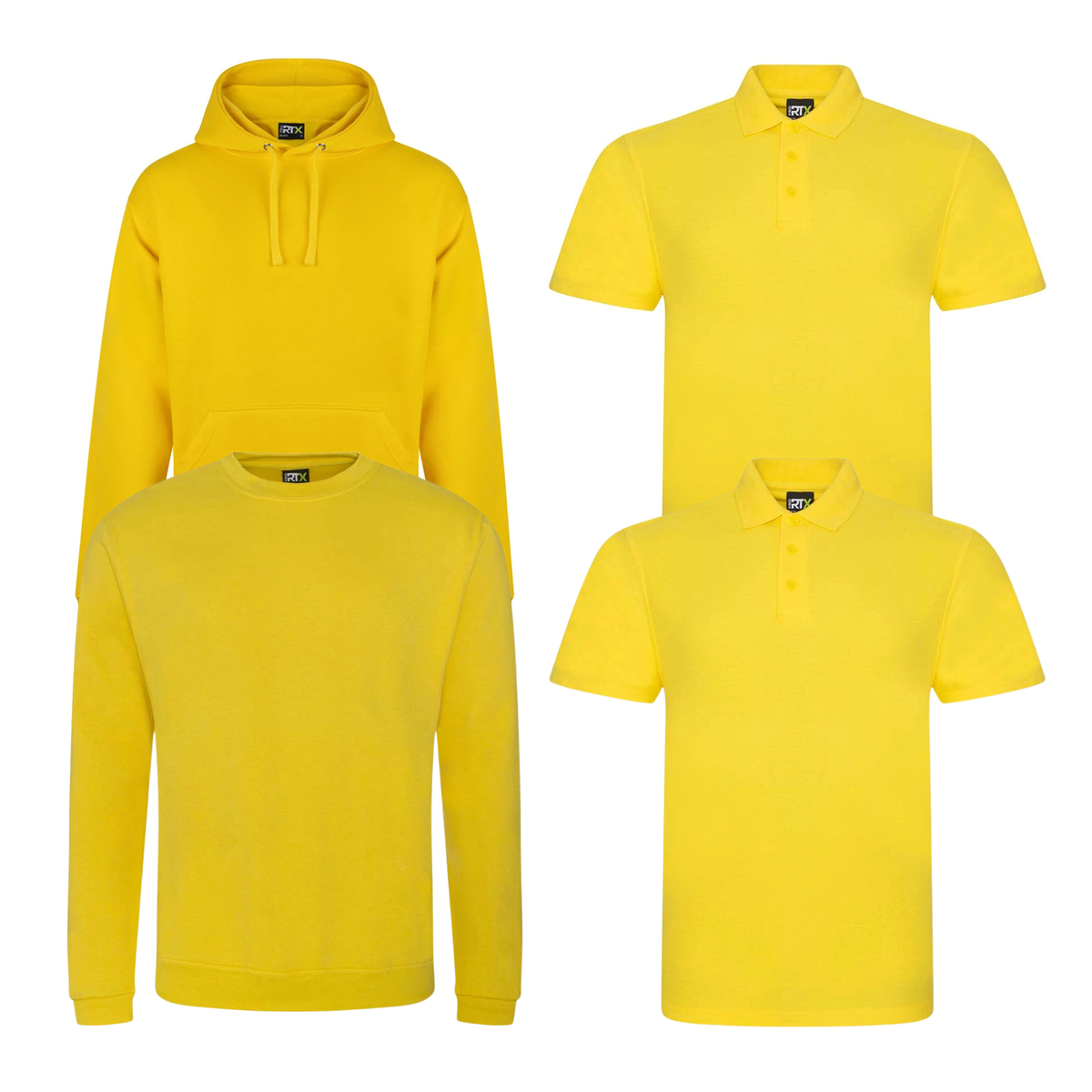 Pro RTX workwear bundle containing two polo shirts, a hoodie and a sweatshirt in yellow