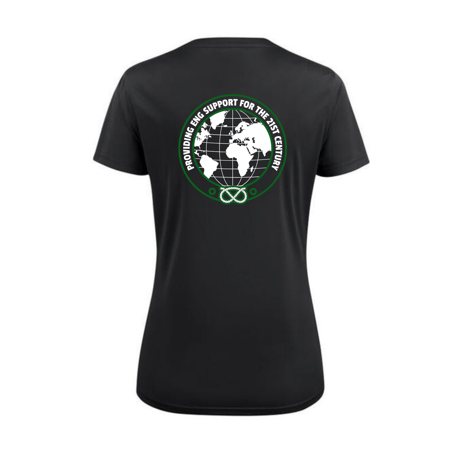 Ladies Printer Red Run Active T-Shirt (Black with Green Emblem)