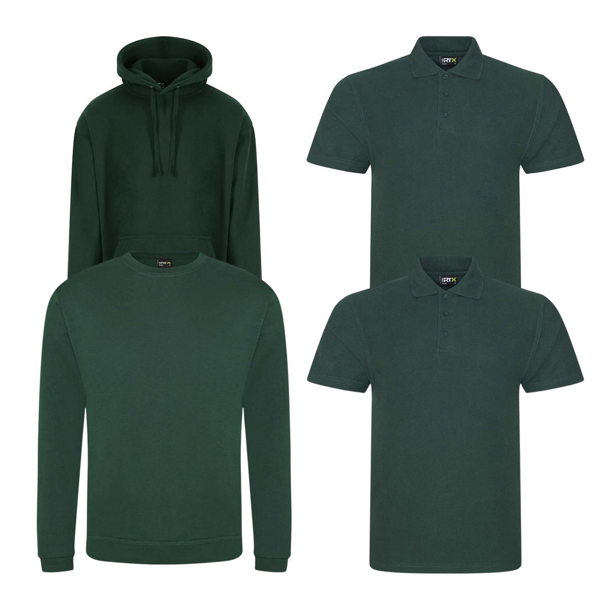 Pro RTX workwear bundle containing two polo shirts, a hoodie and a sweatshirt in forest green