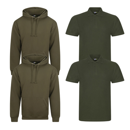 Pro RTX workwear bundle featuring two piqué polo shirts and two pullover hoodies in khaki