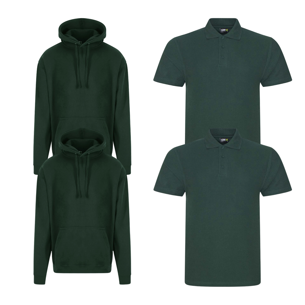 Pro RTX workwear bundle featuring two piqué polo shirts and two pullover hoodies in bottle green