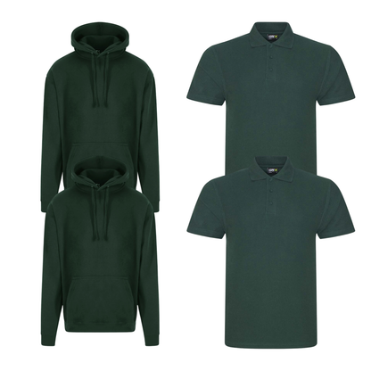 Pro RTX workwear bundle featuring two piqué polo shirts and two pullover hoodies in bottle green