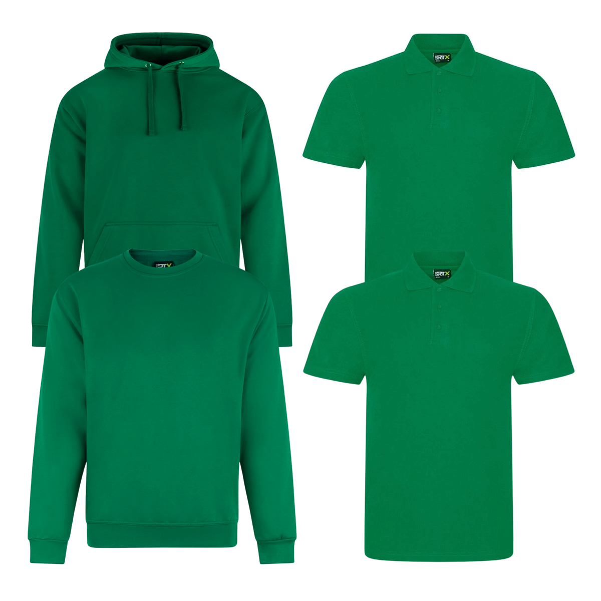 Pro RTX workwear bundle containing two polo shirts, a hoodie and a sweatshirt in kelly green