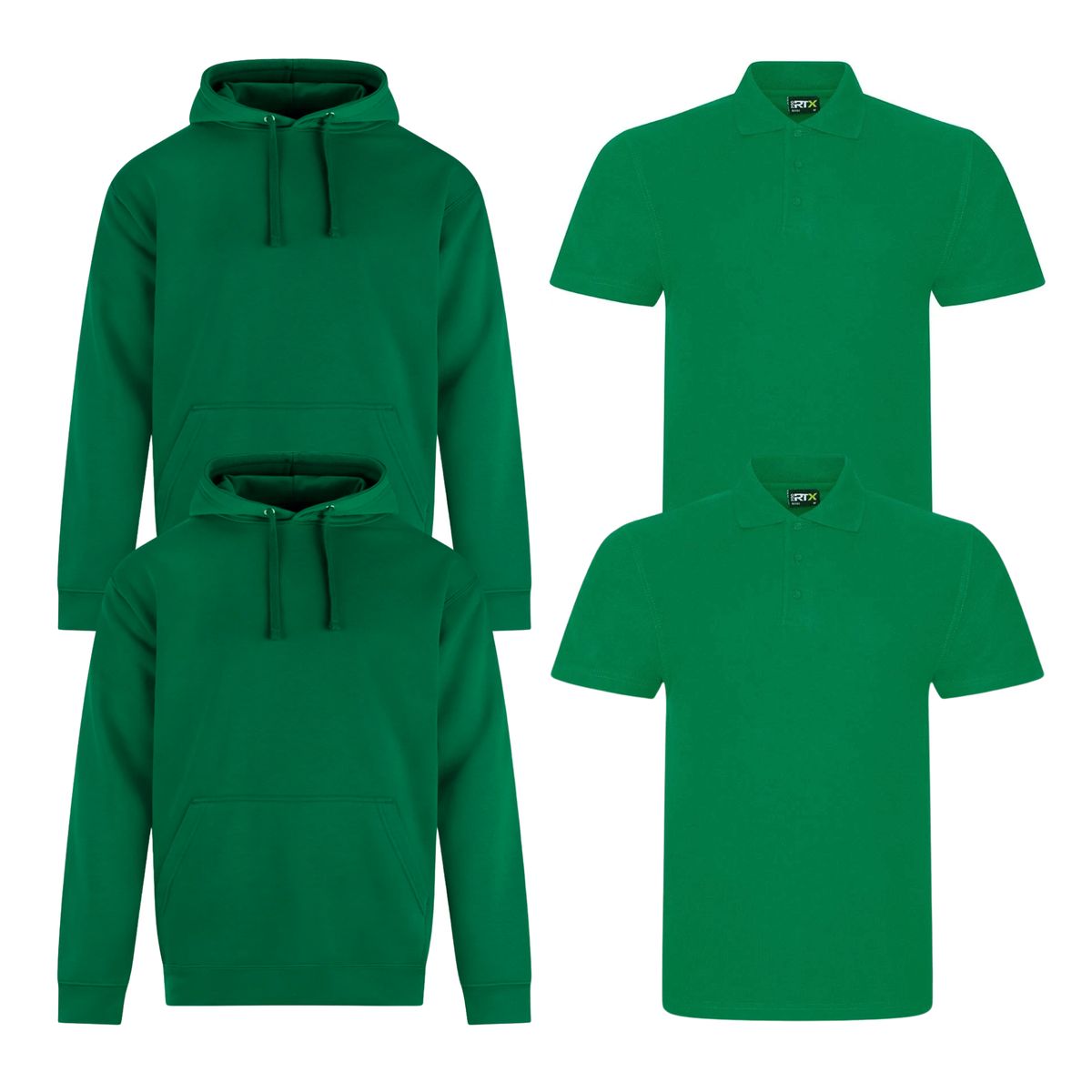 Pro RTX workwear bundle featuring two piqué polo shirts and two pullover hoodies in kelly green