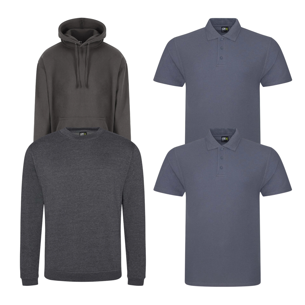 Pro RTX workwear bundle containing two polo shirts, a hoodie and a sweatshirt in solid grey