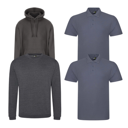 Pro RTX workwear bundle containing two polo shirts, a hoodie and a sweatshirt in solid grey