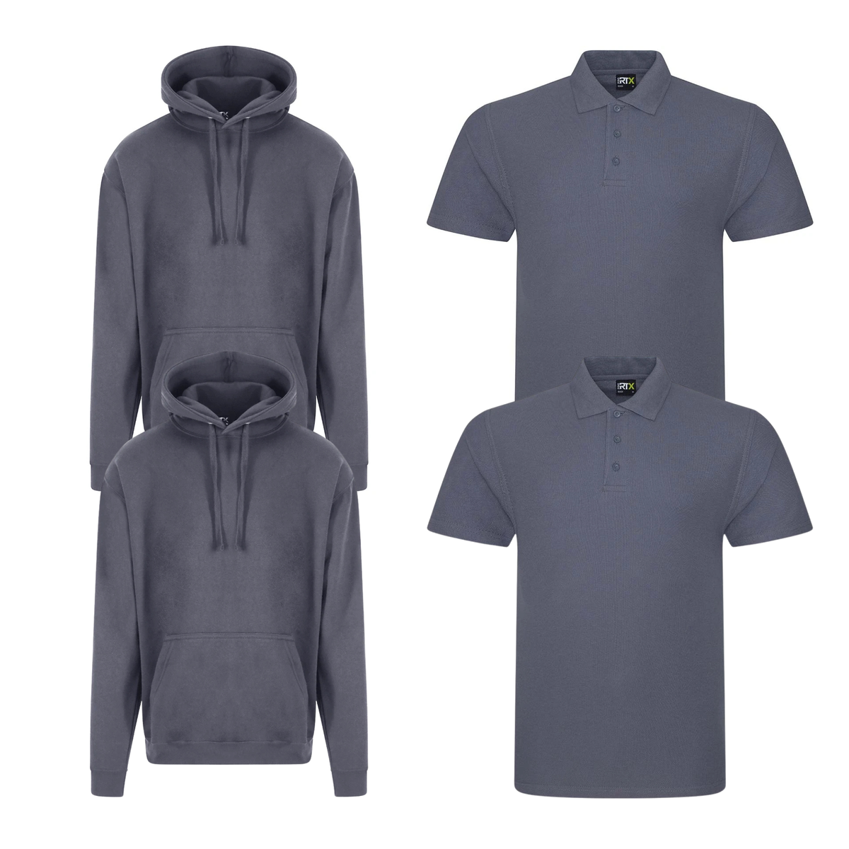 Pro RTX workwear bundle featuring two piqué polo shirts and two pullover hoodies in solid grey