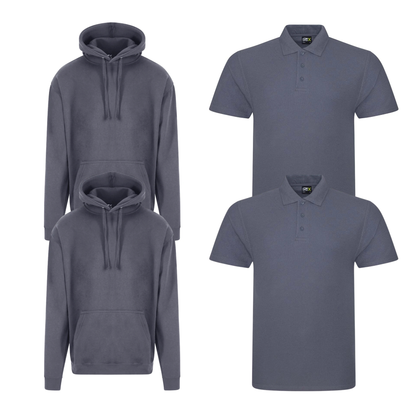 Pro RTX workwear bundle featuring two piqué polo shirts and two pullover hoodies in solid grey