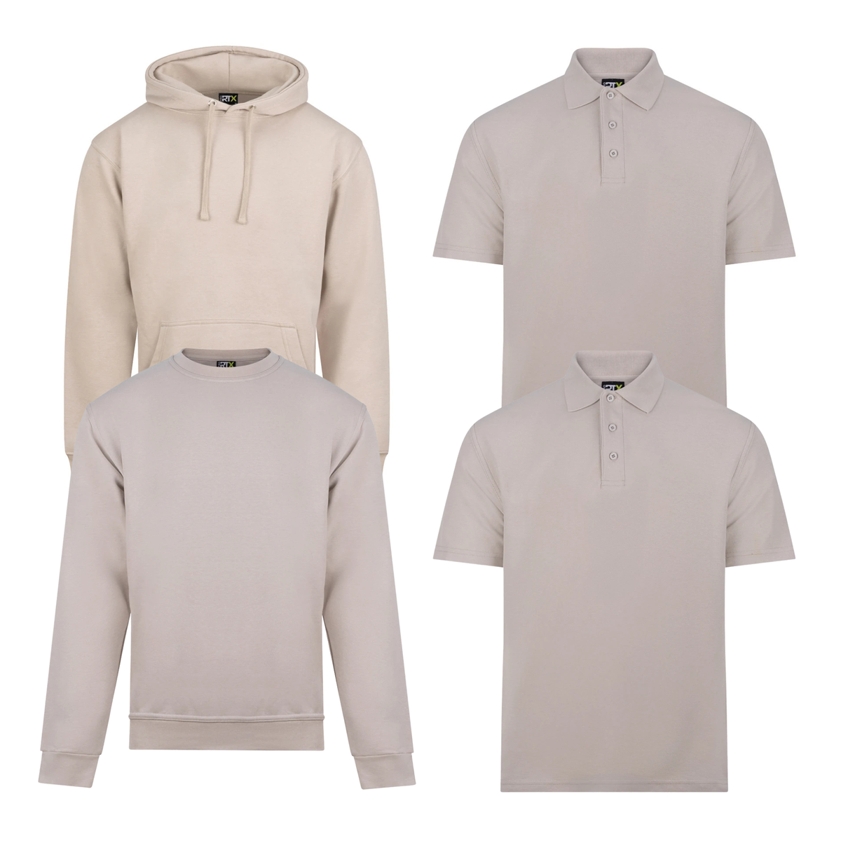 Pro RTX workwear bundle containing two polo shirts, a hoodie and a sweatshirt in stone