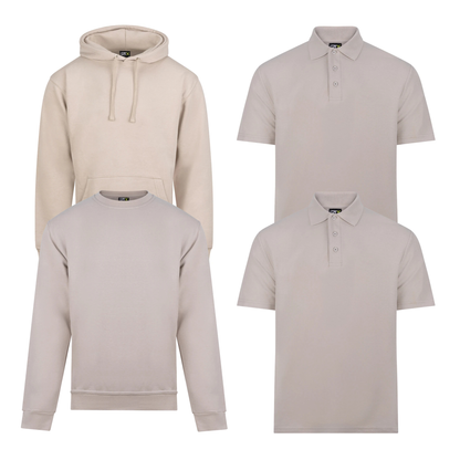 Pro RTX workwear bundle containing two polo shirts, a hoodie and a sweatshirt in stone