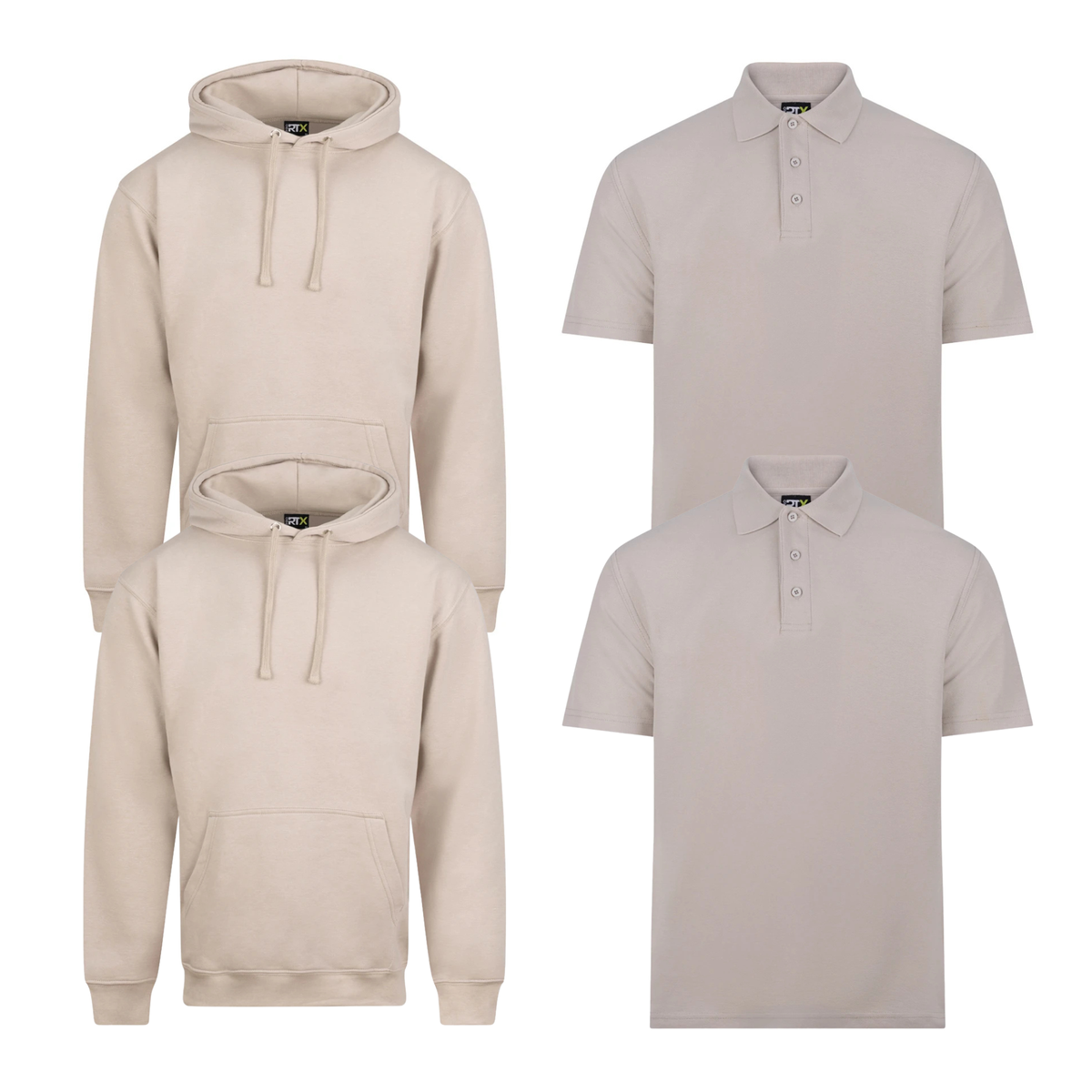 Pro RTX workwear bundle featuring two piqué polo shirts and two pullover hoodies in stone