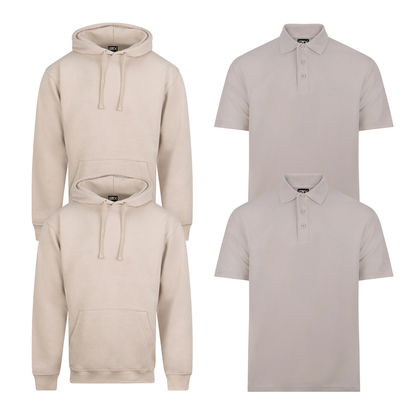 Pro RTX workwear bundle featuring two piqué polo shirts and two pullover hoodies in stone