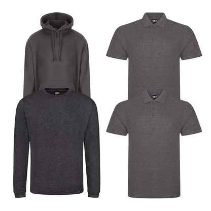 Pro RTX workwear bundle containing two polo shirts, a hoodie and a sweatshirt in charcoal