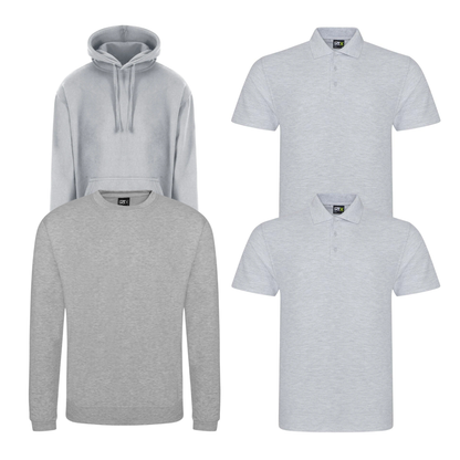 Pro RTX workwear bundle containing two polo shirts, a hoodie and a sweatshirt in heather grey