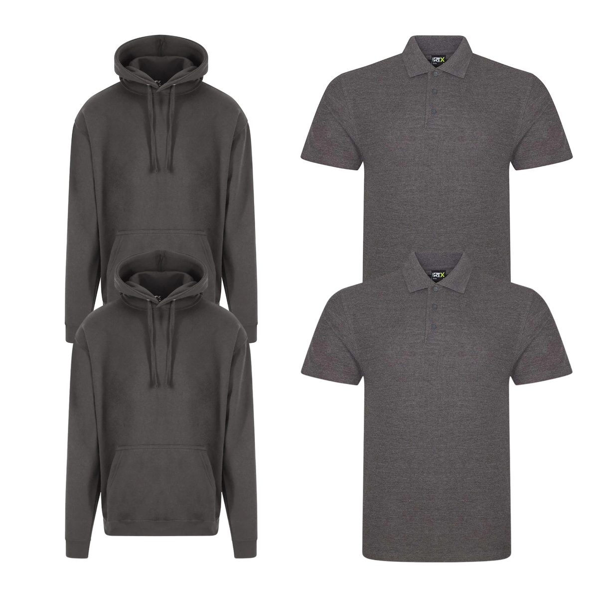 Pro RTX workwear bundle featuring two piqué polo shirts and two pullover hoodiesin charcoal