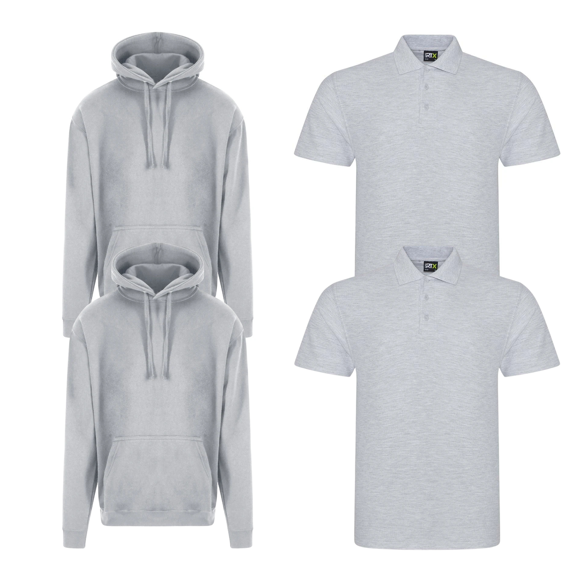 Pro RTX workwear bundle featuring two piqué polo shirts and two pullover hoodies in heather grey