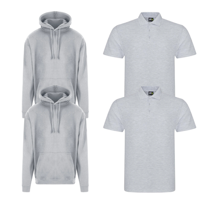 Pro RTX workwear bundle featuring two piqué polo shirts and two pullover hoodies in heather grey
