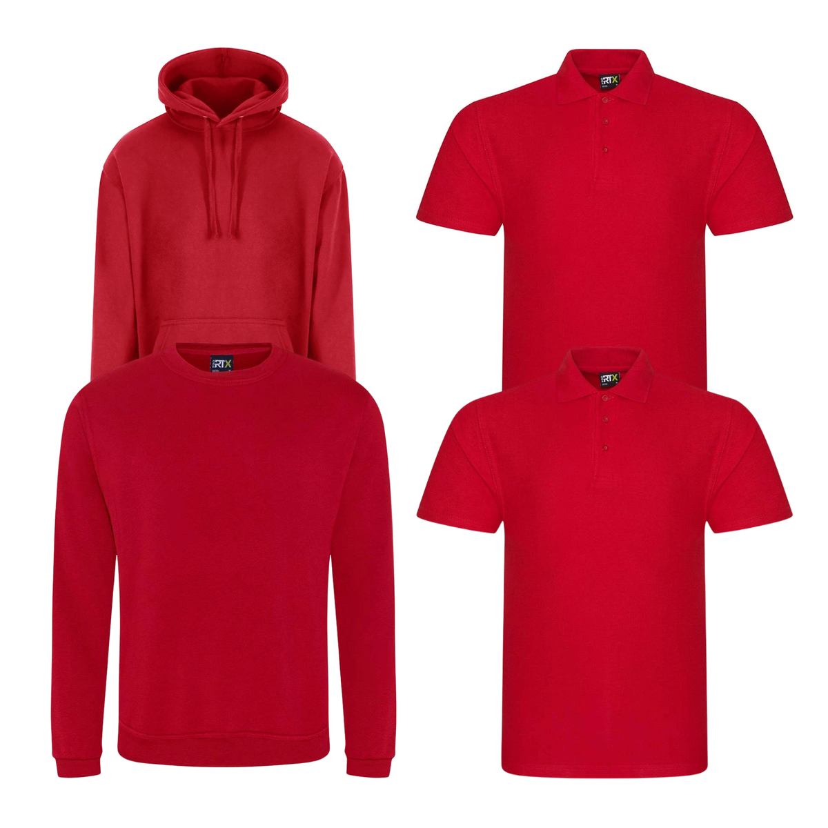 Pro RTX workwear bundle containing two polo shirts, a hoodie and a sweatshirt in red