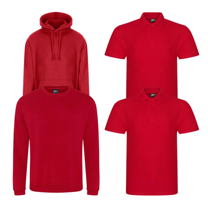 Pro RTX workwear bundle containing two polo shirts, a hoodie and a sweatshirt in red