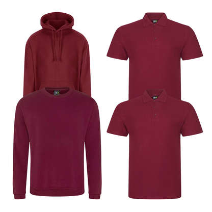 Pro RTX workwear bundle containing two polo shirts, a hoodie and a sweatshirt in maroon