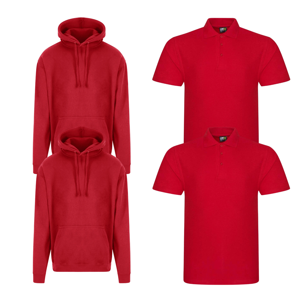 Pro RTX workwear bundle featuring two piqué polo shirts and two pullover hoodies in red