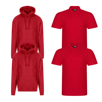 Pro RTX workwear bundle featuring two piqué polo shirts and two pullover hoodies in red