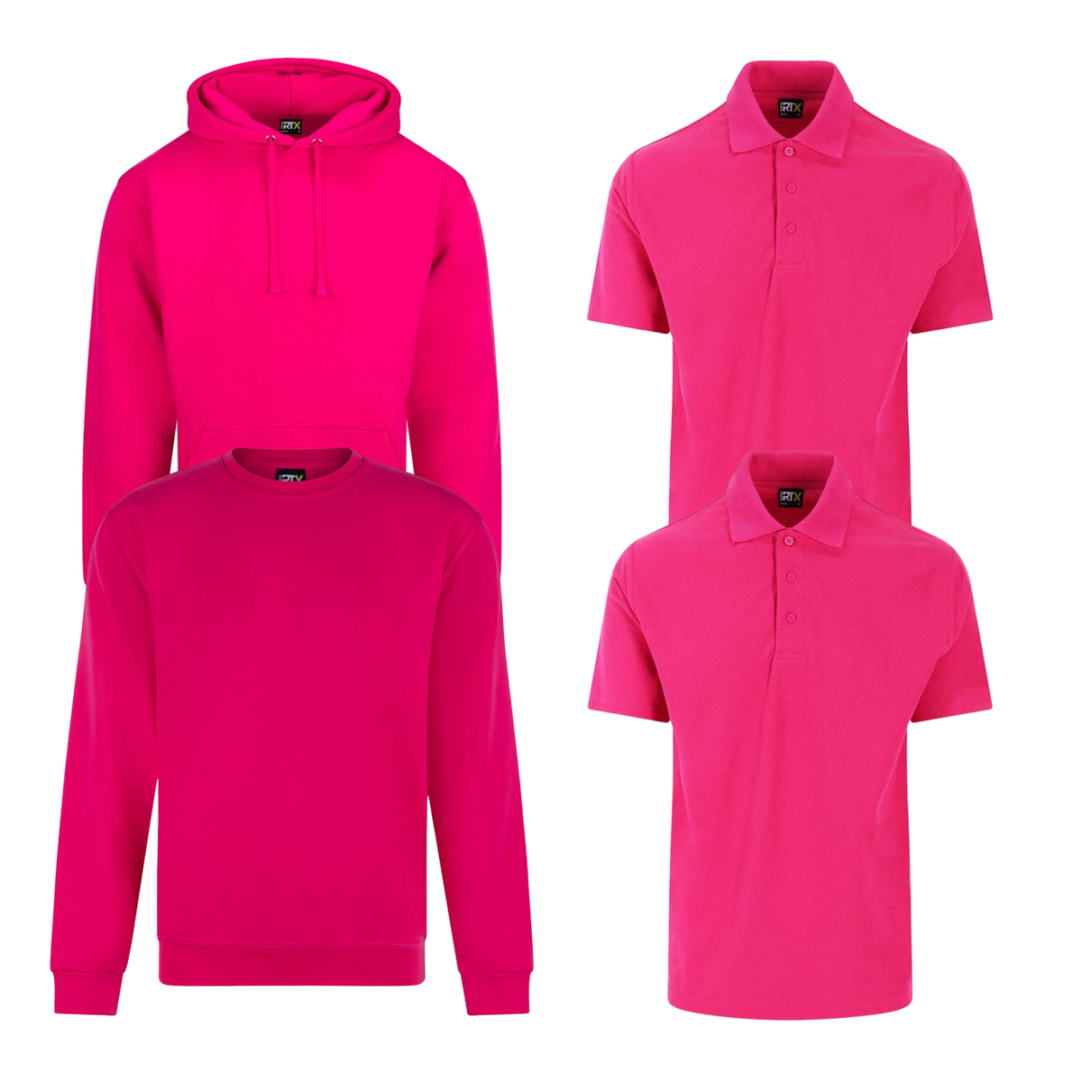 Pro RTX workwear bundle containing two polo shirts, a hoodie and a sweatshirt in pink