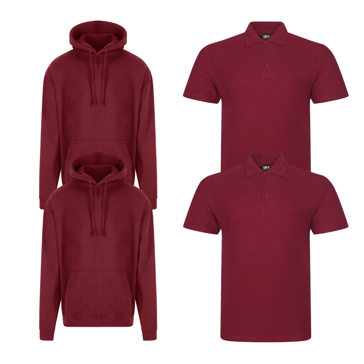 Pro RTX workwear bundle featuring two piqué polo shirts and two pullover hoodies in burgundy