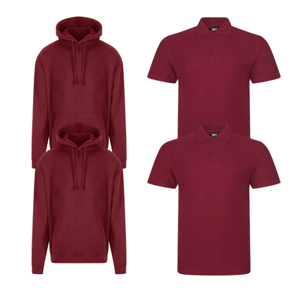 Pro RTX workwear bundle featuring two piqué polo shirts and two pullover hoodies in burgundy