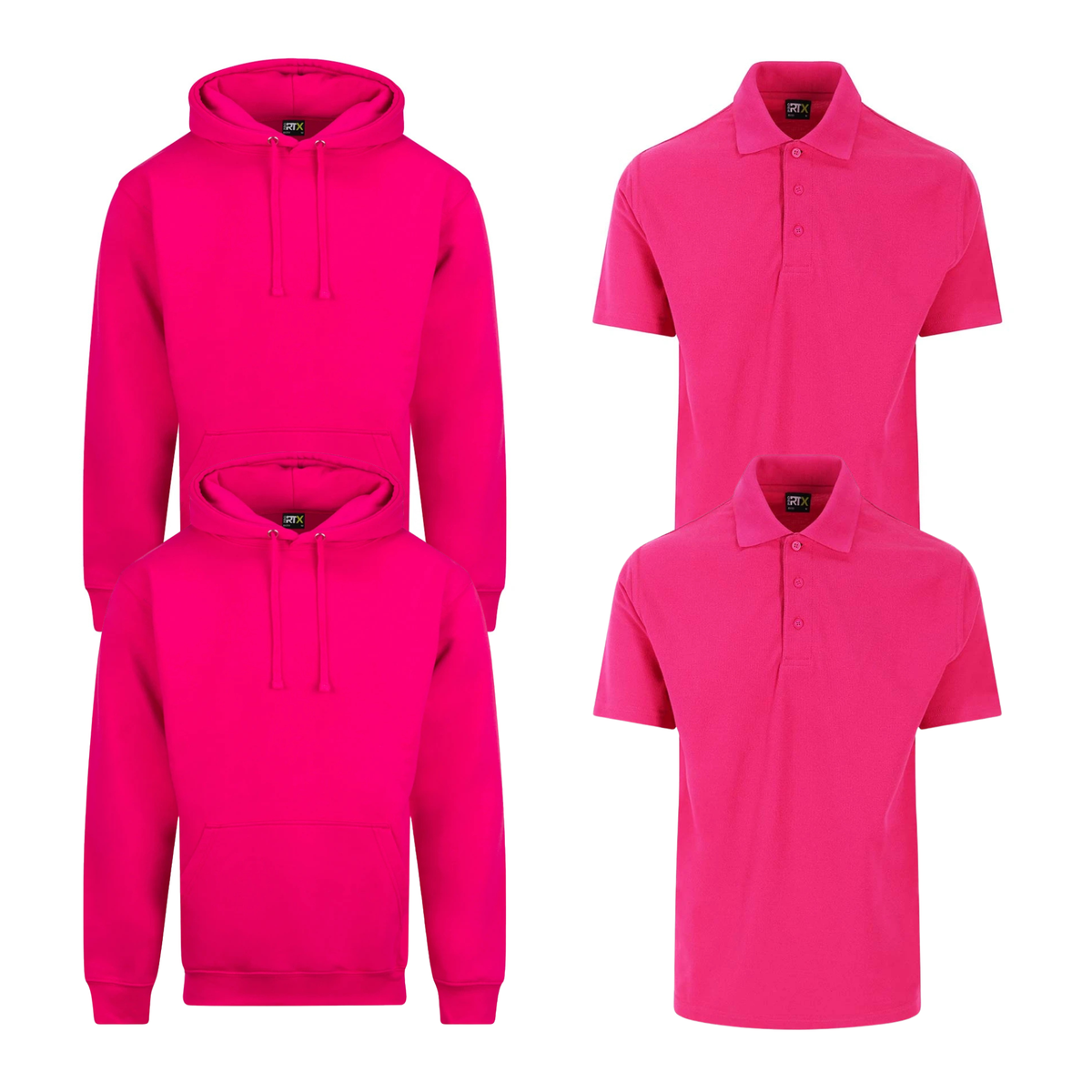 Pro RTX workwear bundle featuring two piqué polo shirts and two pullover hoodies in pink