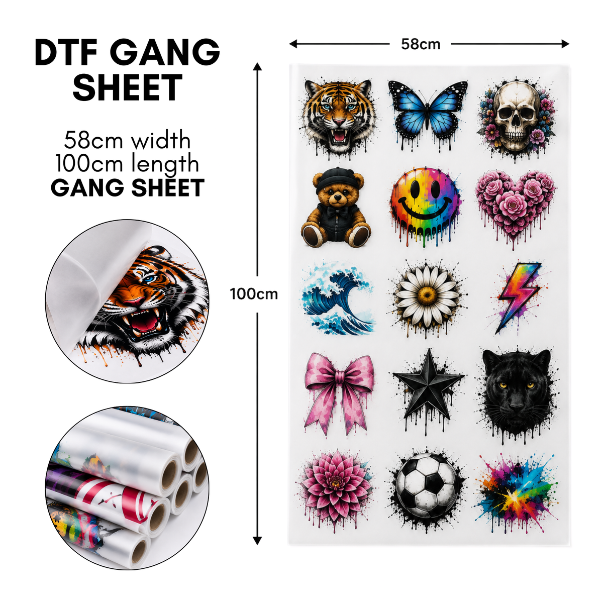 Custom DTF gang sheet printing 58cm x 100cm with full-colour transfers from TIX Printing Stafford