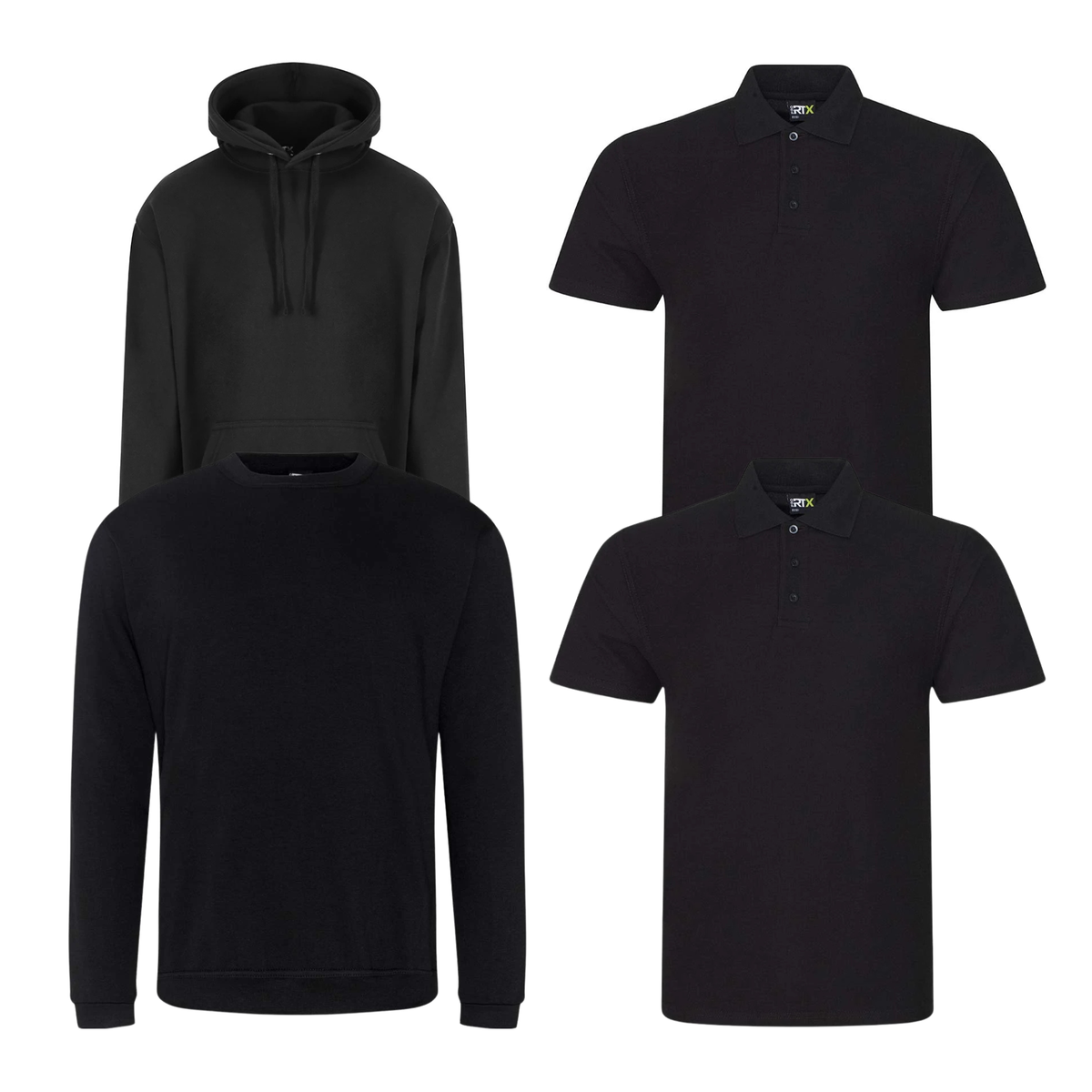 Pro RTX workwear bundle containing two polo shirts, a hoodie and a sweatshirt in black