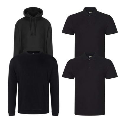 Pro RTX workwear bundle containing two polo shirts, a hoodie and a sweatshirt in black