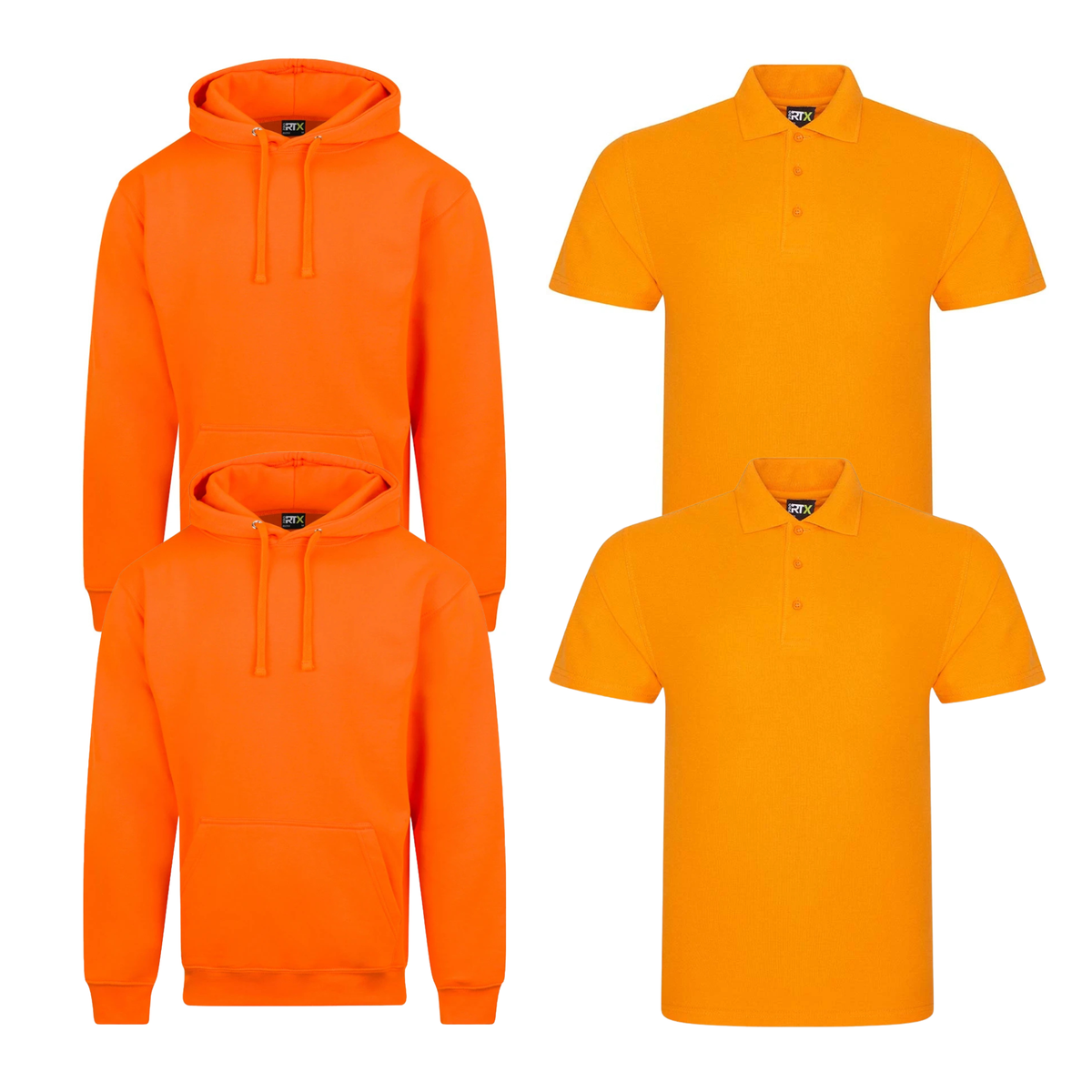 Pro RTX workwear bundle featuring two piqué polo shirts and two pullover hoodies in orange