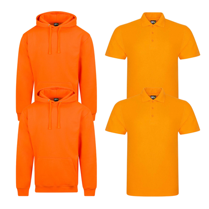 Pro RTX workwear bundle featuring two piqué polo shirts and two pullover hoodies in orange