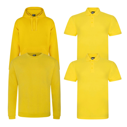 Pro RTX workwear bundle containing two polo shirts, a hoodie and a sweatshirt in yellow