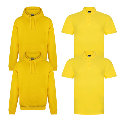 Pro RTX workwear bundle featuring two piqué polo shirts and two pullover hoodies in yellow