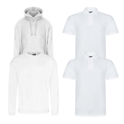Pro RTX workwear bundle containing two polo shirts, a hoodie and a sweatshirt in white