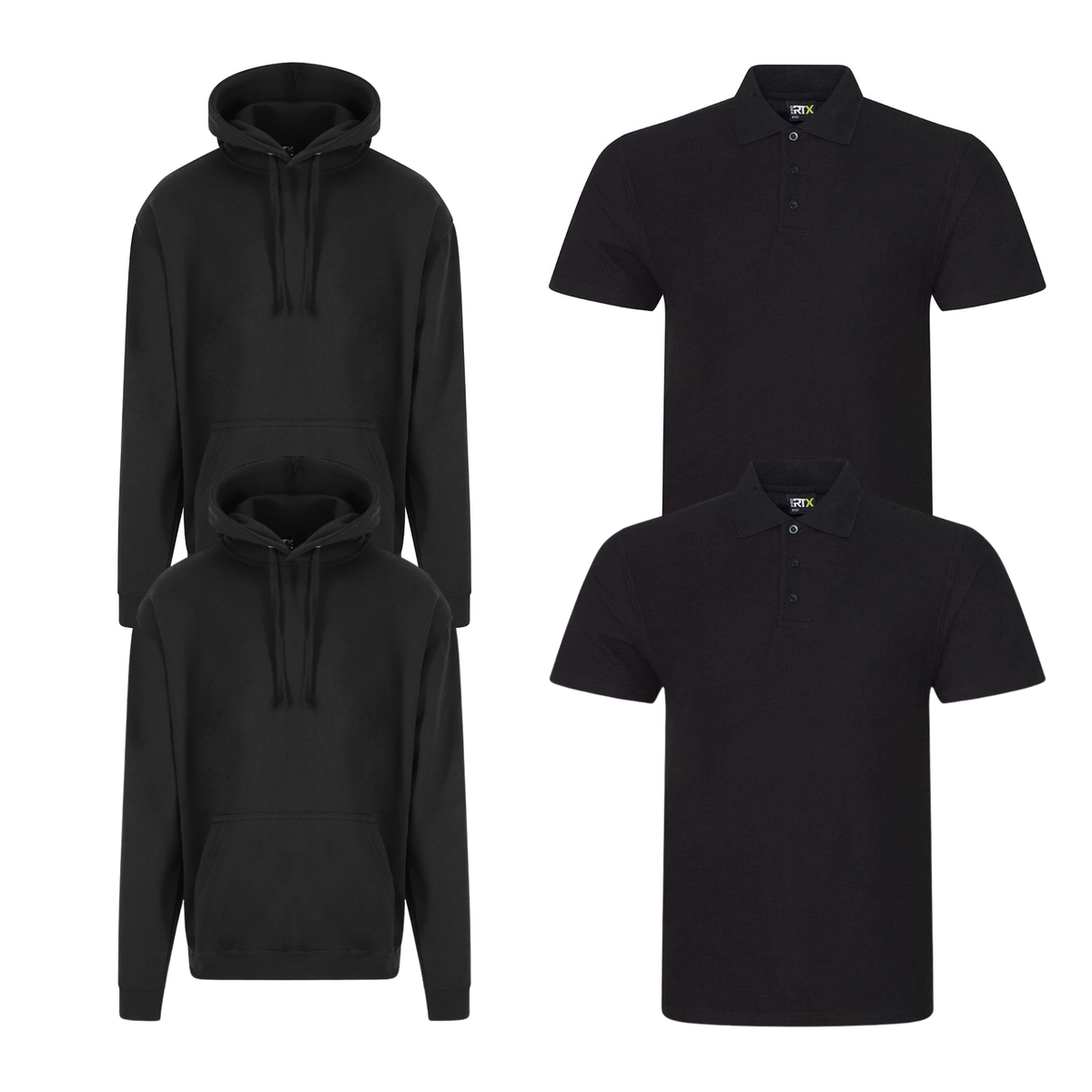 Pro RTX workwear bundle featuring two piqué polo shirts and two pullover hoodies in black