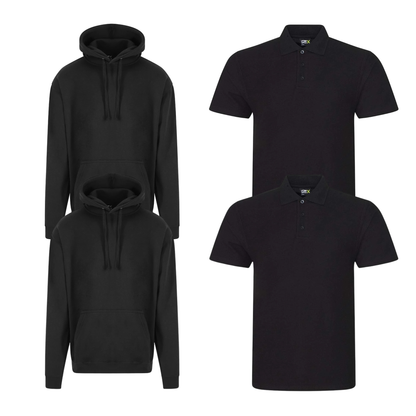 Pro RTX workwear bundle featuring two piqué polo shirts and two pullover hoodies in black
