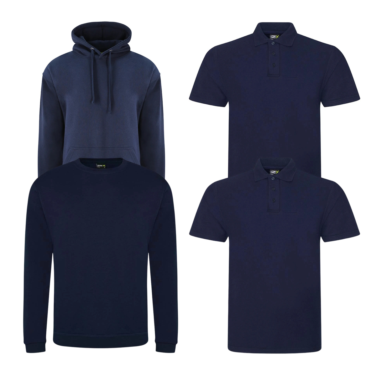 Pro RTX workwear bundle containing two polo shirts, a hoodie and a sweatshirt in navy