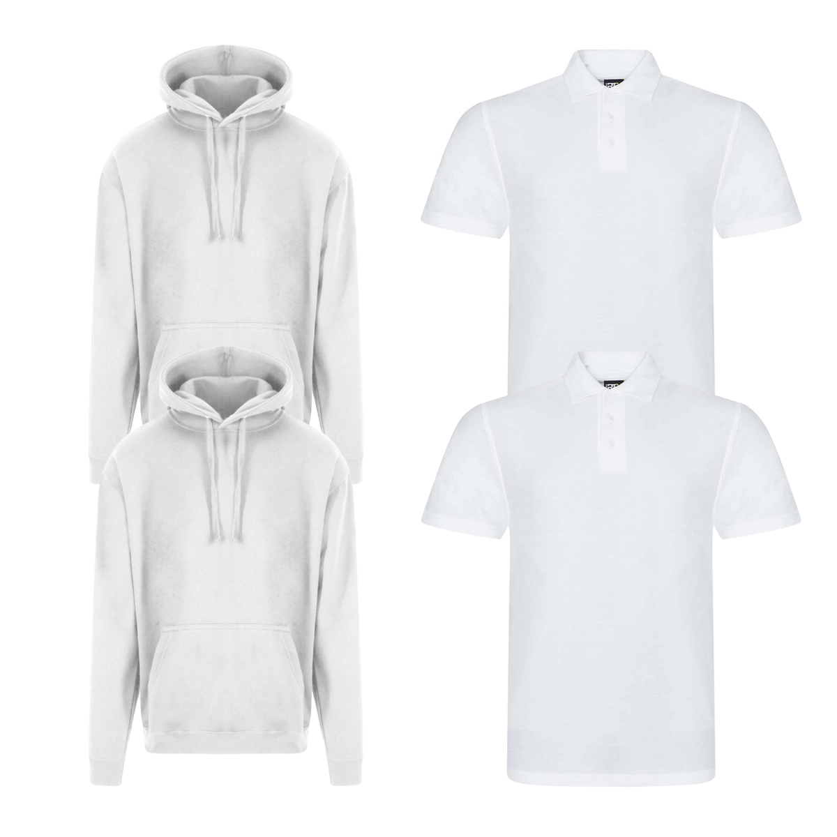 Pro RTX workwear bundle featuring two piqué polo shirts and two pullover hoodies in white
