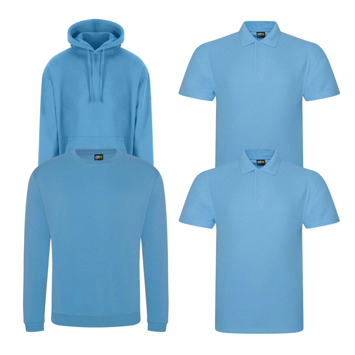 Pro RTX workwear bundle containing two polo shirts, a hoodie and a sweatshirt in sky blue