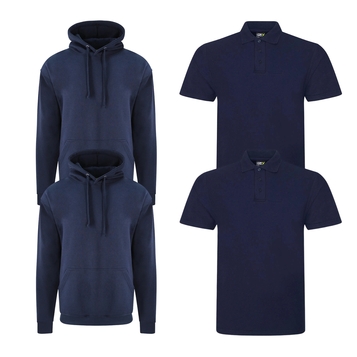 Pro RTX workwear bundle featuring two piqué polo shirts and two pullover hoodies in navy