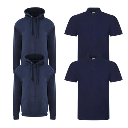 Pro RTX workwear bundle featuring two piqué polo shirts and two pullover hoodies in navy