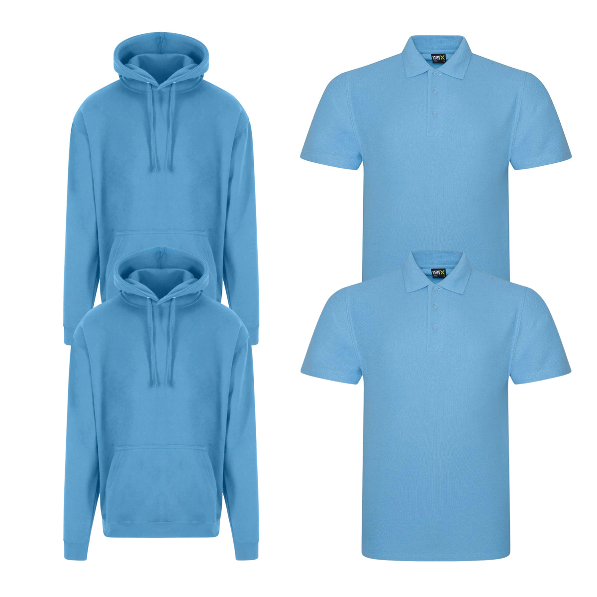Pro RTX workwear bundle featuring two piqué polo shirts and two pullover hoodies in sky blue