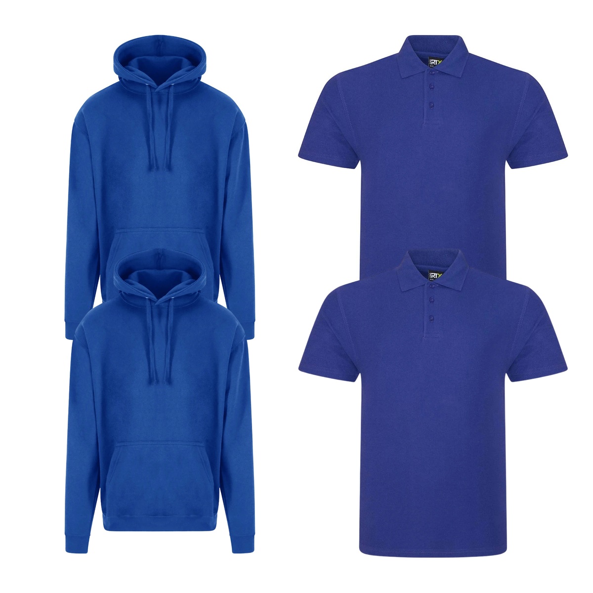 Pro RTX workwear bundle featuring two piqué polo shirts and two pullover hoodies in royal blue