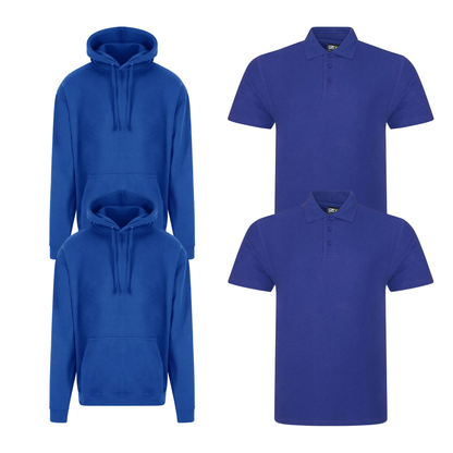 Pro RTX workwear bundle featuring two piqué polo shirts and two pullover hoodies in royal blue