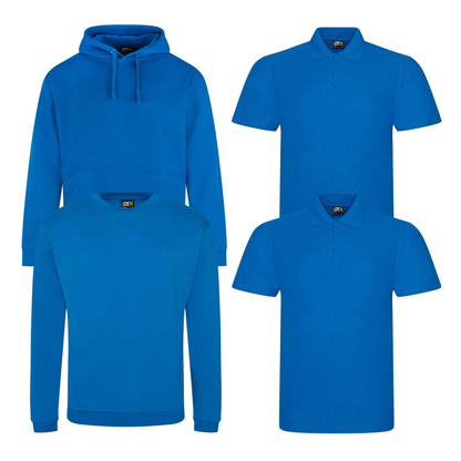 Pro RTX workwear bundle containing two polo shirts, a hoodie and a sweatshirt in sapphire blue
