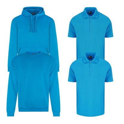 Pro RTX workwear bundle containing two polo shirts, a hoodie and a sweatshirt in turquoise blue